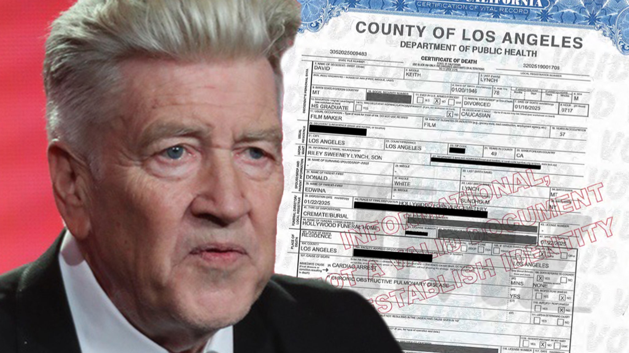 David Lynch Causa de la muerte liberada, paro cardíaco del MPOC